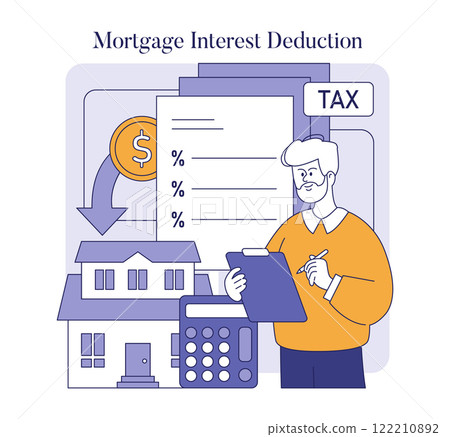 Tax Deductions concept. A person calculates mortgage interest deduction with a house, calculator, and tax form. Financial planning and savings. Vector illustration. Tax Deductions concept. A person calculates mortgage interest deduction with a house, calculator, and tax form. Financial planning and savings. Vector illustration. 122210892