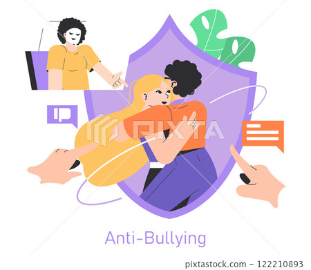 Safety Internet Day concept. Shield encompassing users portrays protection from cyberbullying and online harassment. Advocacy for a secure digital space. Vector illustration. 122210893