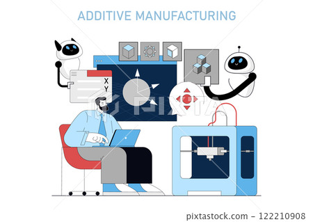 Production automation concept. Engineer monitors 3D printing process with robotic assistance for additive manufacturing. Vector illustration. Production automation concept. Engineer monitors 3D printing process with robotic assistance for additive manufacturing. Vector illustration. 122210908