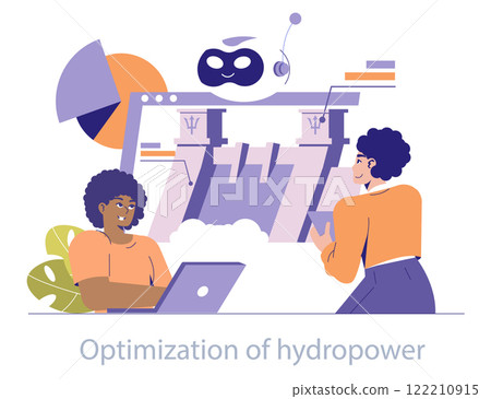 Hydropower concept. Engineers collaborate on dam with renewable energy technology. Sustainable development, clean electricity generation. Vector illustration. Hydropower concept. Engineers collaborate on dam with renewable energy technology. Sustainable development, clean electricity generation. Vector illustration. 122210915
