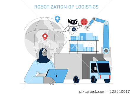 Robotization of Logistics concept. Woman monitors automated global delivery system with drones and robots managing cargo. Efficient future supply chain management. Vector illustration. 122210917