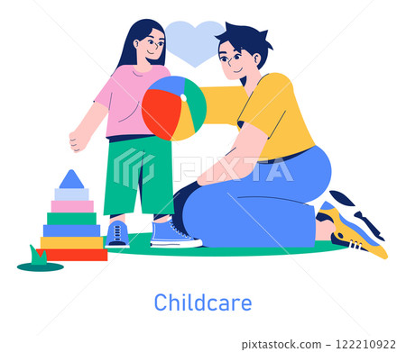 Care Day concept. Adult and child engaging in playful interaction with a ball. Nurturing family bonds through joyful activities. Vector illustration. Care Day concept. Adult and child engaging in playful interaction with a ball. Nurturing family bonds through joyful activities. Vector illustration. 122210922