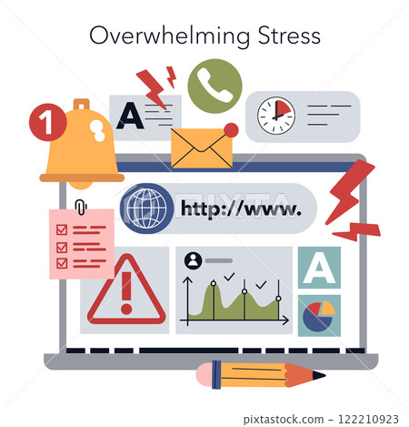 Burnout concept. Overwhelming digital stress from email, notifications, and deadlines illustrated on a laptop screen. Vector illustration. Burnout concept. Overwhelming digital stress from email, notifications, and deadlines illustrated on a laptop screen. Vector illustration. 122210923