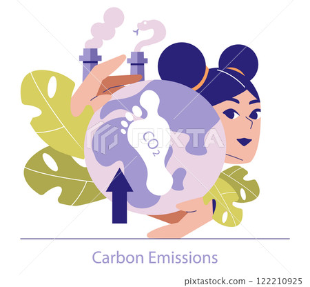 Carbon Emissions concept. Illustration of industrial pollution affecting Earth with factory emissions and CO2 footprint. Global warming theme. Vector illustration. 122210925