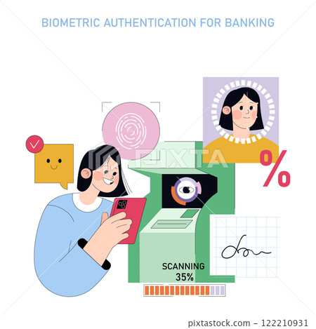 Biometric authentication for banking concept. User engaging with advanced security features. Seamless digital verification, improved banking security methods. Vector illustration. 122210931