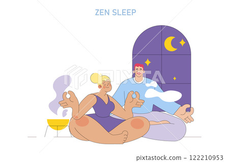 Zen Sleep concept. Couple meditating before bedtime to enhance sleep quality. Mindfulness meditation for restful night, wellness routine. Vector illustration. 122210953