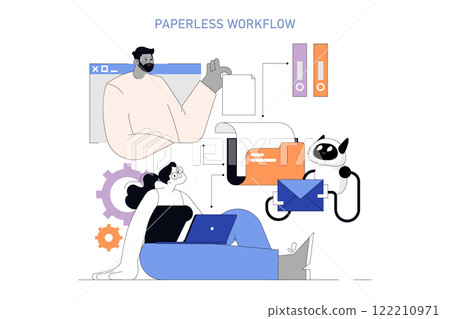 Paperless Workflow concept. Office workers integrating technology to manage documents. Seamless digital transformation with automation. Vector illustration. 122210971