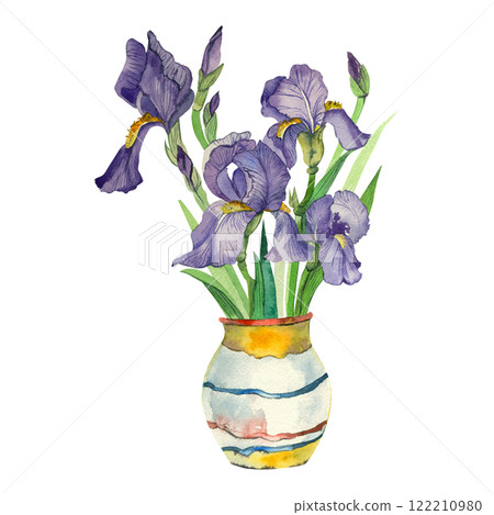 Purple irises in a ceramic vase hand painted with watercolor and isolated on a white background. Watercolor illustration. Suitable for poster, postcards, invitations, for printing. 122210980