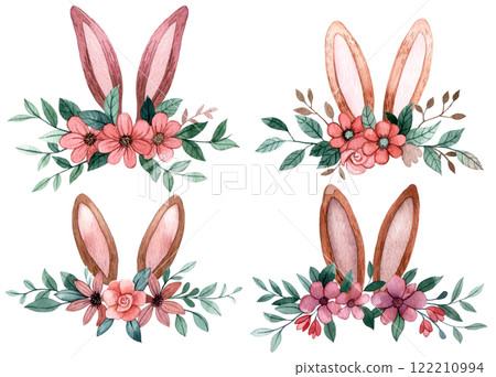 cute watercolor illustration for easter. set of compositions of Easter bunny ears in flowers. simple style 122210994