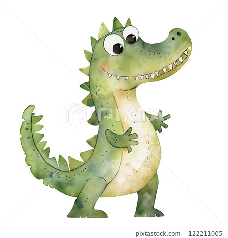Watercolor cute green crocodile with big eyes, isolated on white background. 122211005