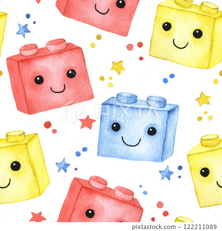 cute seamless pattern for children, toy brick block. print for boys, watercolor illustration. 122211089