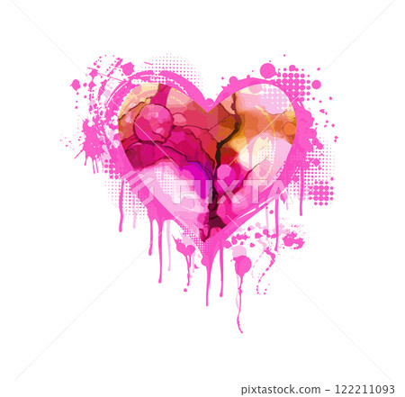 ink pink heart of blots. Happy Valentine's Day Card. hand drawn. Not AI, Vector illustration. 122211093