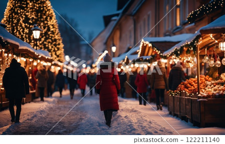Girl walking in Christmas market decorated with holiday lights in the evening. Feeling happy in big city. Spending winter vacations in festive town. Back view. Winter holidays. AI Girl walking in Christmas market decorated with holiday lights in the evening. Feeling happy in big city. Spending winter vacations in festive town. Back view. Winter holidays. AI 122211140