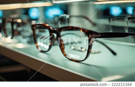Glasses, Eyeglasses Optical Store, Fashion eyewear at night market, Colorful glasses, Glasses on shelf, Glasses in optical store shopping mall (Selective Focus). AI Glasses, Eyeglasses Optical Store, Fashion eyewear at night market, Colorful glasses, Glasses on shelf, Glasses in optical store shopping mall (Selective Focus). AI 122211168