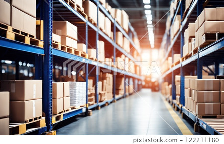 Warehouse inventory product stock for logistic background, Long shelves with a variety of boxes. Retail store full of goods in cartons with pallets and forklifts. Transportation distribution center 122211180