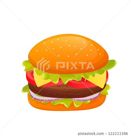 Burger in flat design. Tasty fast food meal, cheeseburger or hamburger. Vector illustration isolated. 122211386