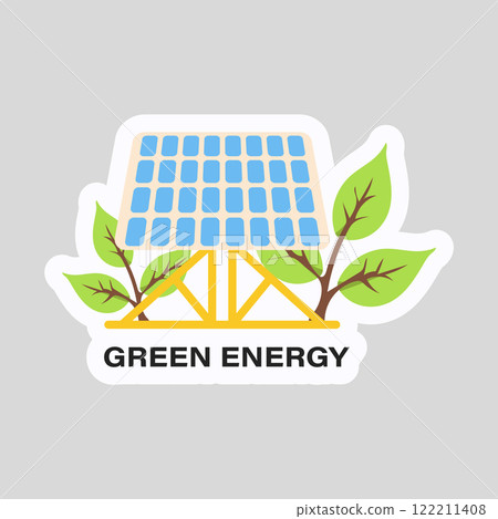 Green energy slogan on ecology sticker in flat design. Solar panel with leaf. Vector illustration isolated. Green energy slogan on ecology sticker in flat design. Solar panel with leaf. Vector illustration isolated. 122211408
