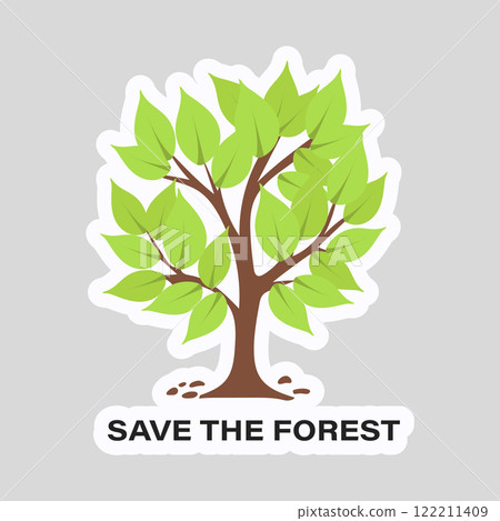 Save forest slogan on ecology sticker in flat design. Green tree eco label. Vector illustration isolated. 122211409