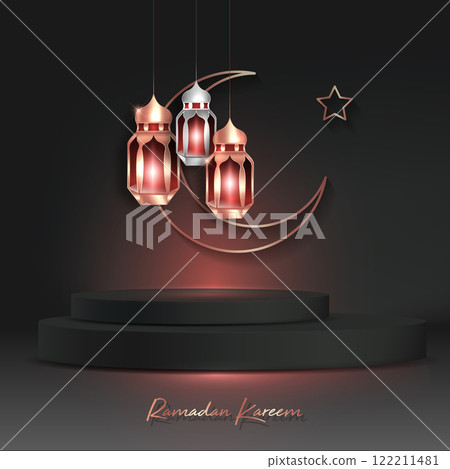 Ramadan Luxury 3D Islamic Podium with gold Arabic Hanging light Lamps, traditional Arab banner for product showcase, Product presentation, cosmetic, base, sales, vector black background 122211481