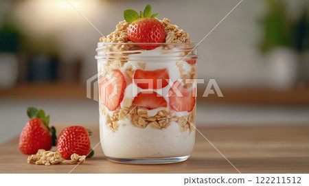 Delicious yogurt parfait with strawberries and granola, perfect for breakfast! 122211512