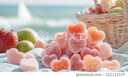 Sweet heart shaped candies create delightful scene by beach Sweet heart shaped candies create delightful scene by beach 122211575