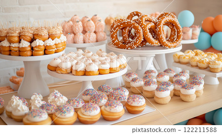 Delightful desserts including cupcakes, donuts, and pretzels create festive atmosphere Delightful desserts including cupcakes, donuts, and pretzels create festive atmosphere 122211588