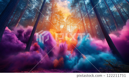 vibrant explosion of colors fills forest, creating magical atmosphere 122211731