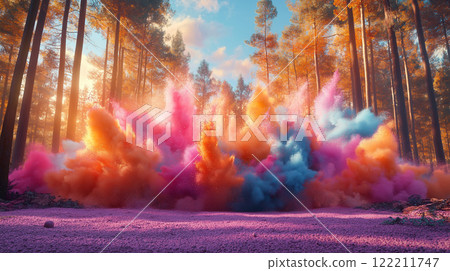 vibrant explosion of colorful powder fills forest scene, creating magical atmosphere 122211747