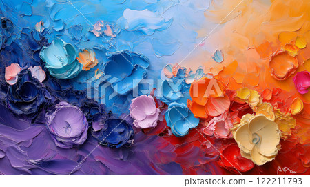 Vibrant floral painting with colorful flowers in blue, orange, and pink hues 122211793