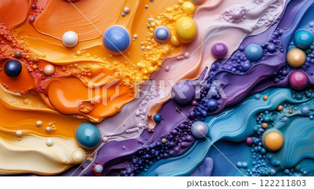 Vibrant abstract art with colorful swirls and bubbles creates dynamic visual experience Vibrant abstract art with colorful swirls and bubbles creates dynamic visual experience 122211803