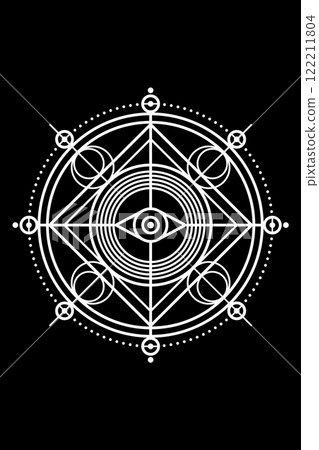 All seeing eye on Sacred Geometry, mystical third eye geometric logo design. Occult Emblem of Providence, protection, luck, magic. God eye masonic sign isolated on black background All seeing eye on Sacred Geometry, mystical third eye geometric logo design. Occult Emblem of Providence, protection, luck, magic. God eye masonic sign isolated on black background 122211804