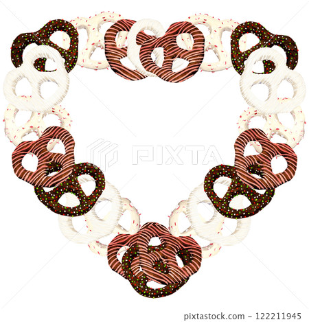Watercolor heart-shaped frame of pretzels twist covered different chocolate and decoration 122211945