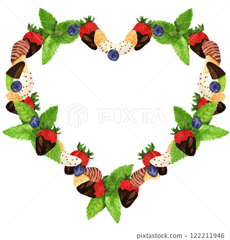 Watercolor heart frame with fruit covered different chocolate and decoration Watercolor heart frame with fruit covered different chocolate and decoration 122211946
