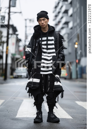 Young man in urban streetwear with black and white patterns poses confidently in a modern city environment during an overcast day 122211978