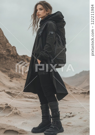 Outdoor adventure is captured in a dramatic landscape where a woman wearing a stylish black outfit poses confidently amidst rocky terrain 122211984