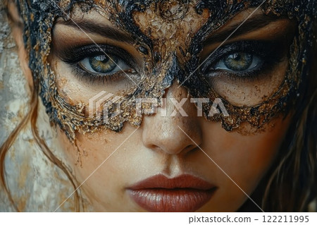 Mystical beauty wearing a detailed lace mask with piercing eyes, highlighting intricate features in dramatic lighting and texture at a themed event in a stylish urban setting Mystical beauty wearing a detailed lace mask with piercing eyes, highlighting intricate features in dramatic lighting and texture at a themed event in a stylish urban setting 122211995