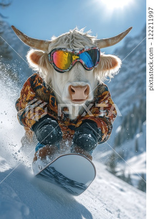 Hilarious highland cow snowboarding down a snowy slope in bright sunglasses and a colorful jacket with a stunning mountain backdrop 122211997