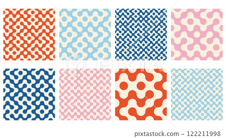 Truchet round shapes seamless pattern collection. Contemporary style geometric mosaic patterns with rounded lines. Modern tilt mosaic background set. 122211998