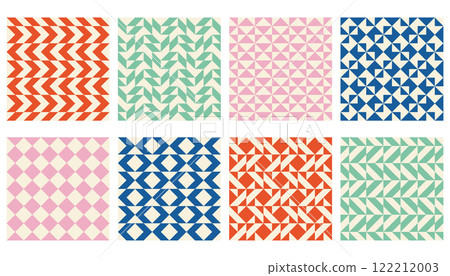 Cute abstract collection of triangle and square seamless patterns. Monochrome Bauhaus pattern set. Geometric tile backgrounds. 122212003