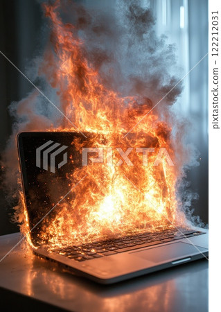 Laptop catches fire in a dramatic display of flames and smoke, emphasizing the dangers of electrical malfunctions in household settings 122212031