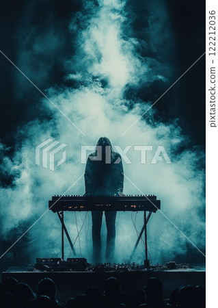 Musician performs on stage surrounded by fog and dramatic lighting during a nighttime event 122212036