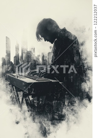 Musician playing keyboard amidst a city skyline during a misty evening 122212037