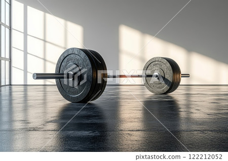 Barbell resting on the gym floor in a bright and airy fitness studio with large windows allowing natural light during the morning hours 122212052