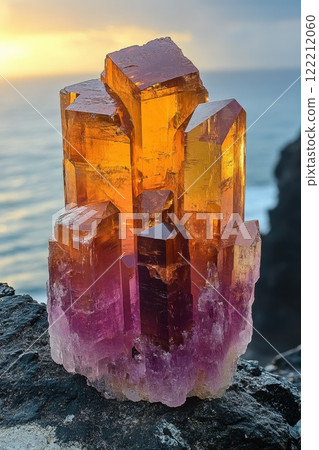 Vibrant quartz crystal formation glistening with sunset hues near the ocean at a rocky coastal location 122212060