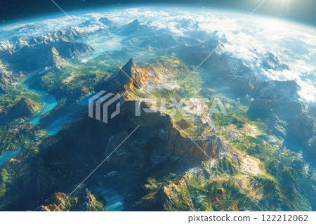 Stunning aerial view of a vibrant landscape with mountains, rivers, and lush greenery under a bright sky during the day 122212062
