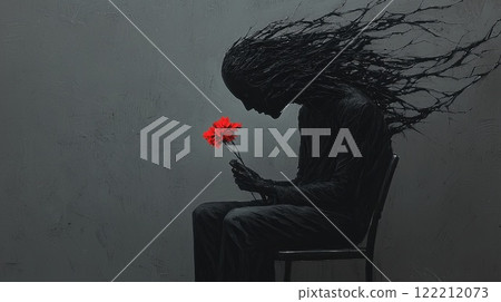 Figurative representation of solitude and reflection with a figure holding a red flower amidst flowing dark strands 122212073