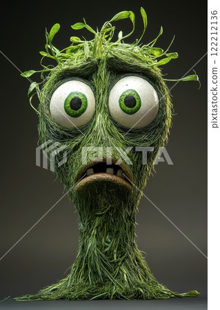 Unique green character with large expressive eyes and grass-like texture conveys a sense of sadness against a dark background 122212136