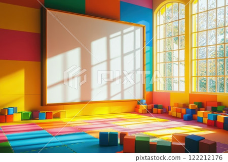 Colorful playroom filled with building blocks and sunlight streaming through large windows in a children's activity space Colorful playroom filled with building blocks and sunlight streaming through large windows in a children's activity space 122212176