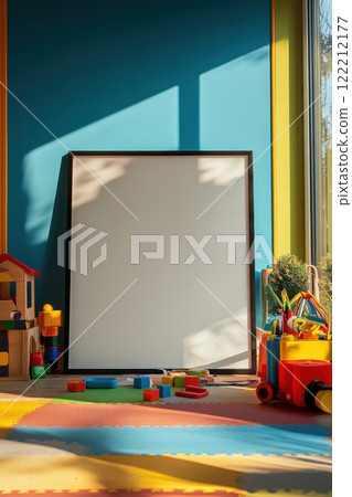 Bright and colorful playroom with toys and a blank canvas for creative activities in a sunny afternoon setting Bright and colorful playroom with toys and a blank canvas for creative activities in a sunny afternoon setting 122212177