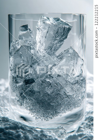 Clear ice cubes fill a glass, reflecting light in a captivating manner, showcasing the beauty of natural frozen water crystals in an elegant setting Clear ice cubes fill a glass, reflecting light in a captivating manner, showcasing the beauty of natural frozen water crystals in an elegant setting 122212215